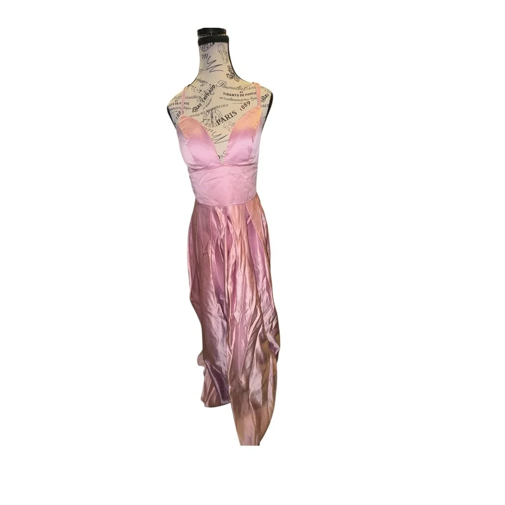 Satin Formal‎ Ball Gown Pink Spaghetti Strap Cross Back Maxi Dress Sz M